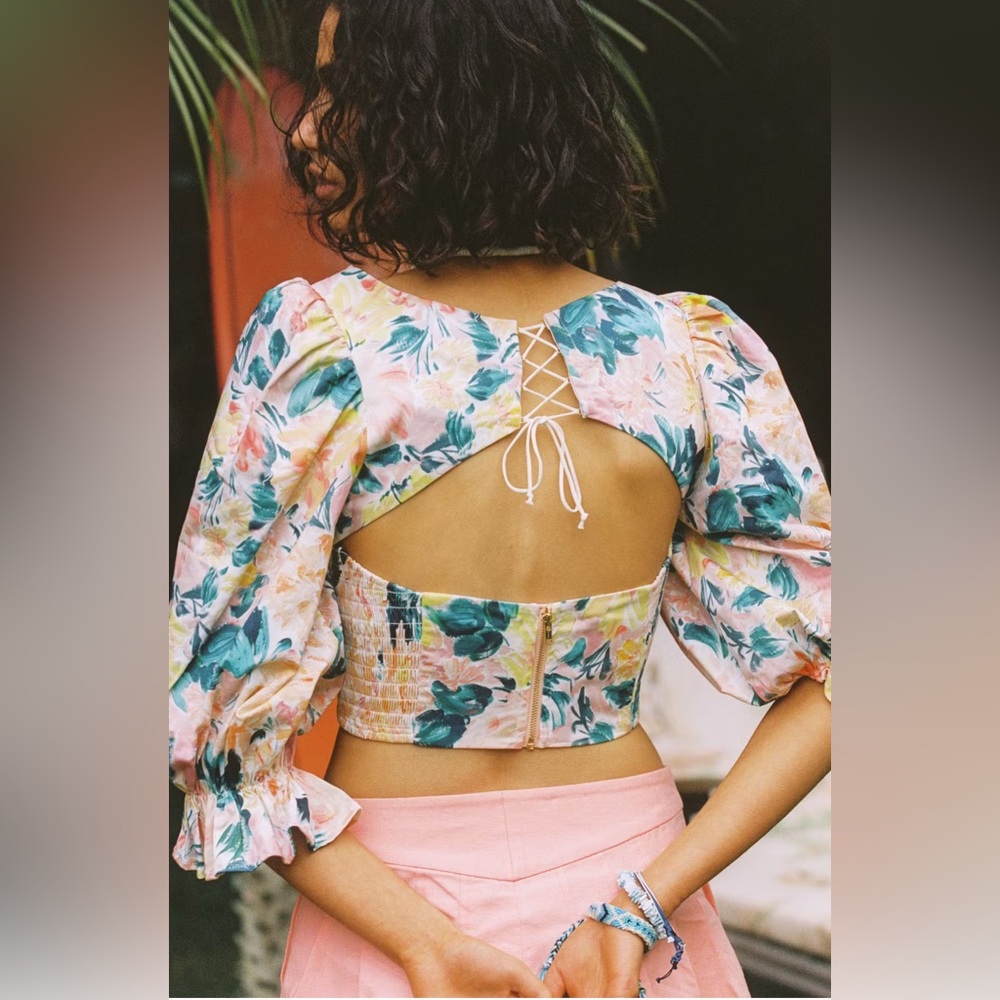 For Love and Lemons, Puff Sleeve, Floral, Cropped Shirt | Womens Small